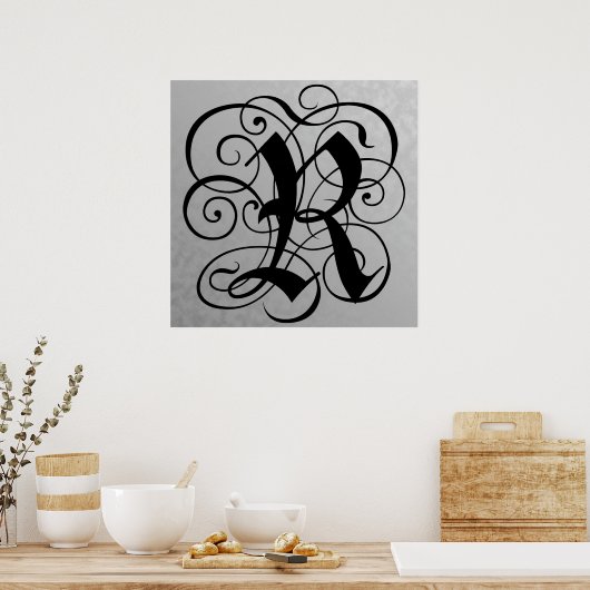 Letter R, Gothic Monogram Black Poster (Keuken)