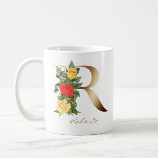 Letter R Goud Monogram Geel Rood Rozen Bloemen Koffiemok (Links)