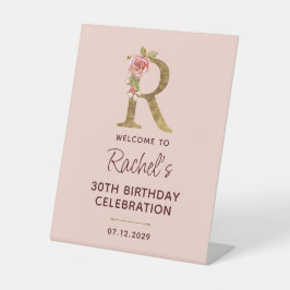 Letter R Gouden Monogram Roze Rozen Bord Reclamebord Met Voetstuk