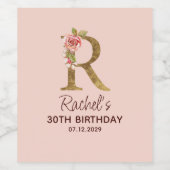 Letter R Gouden Monogram Roze Rozen Wijn Etiket (Enkel label)