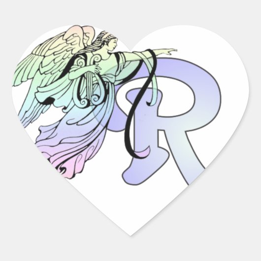 Letter R Initiaal Monogram Guardian Angel Blauw Ve Hart Sticker (Voorkant)