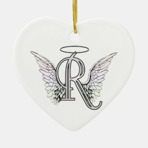 Letter R Initiaal Monogram met Angel Wings & Halo Keramisch Ornament