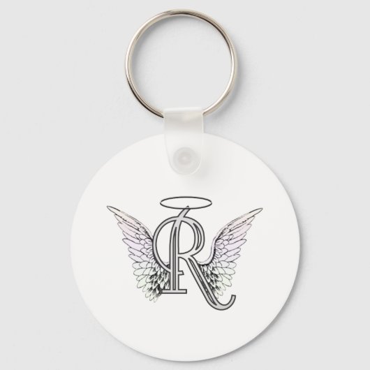 Letter R Initiaal Monogram met Angel Wings & Halo Sleutelhanger (Voorkant)