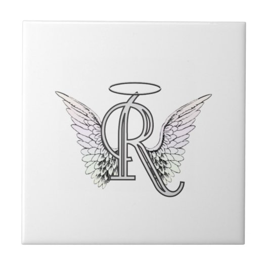 Letter R Initiaal Monogram met Angel Wings & Halo Tegeltje (Voorkant)