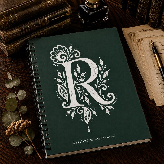 Letter R Linocut Botanische Monogram Notitieboek