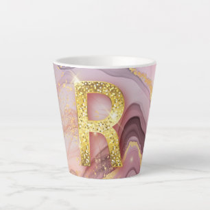 Letter R  meisje RoseGold Glitter Roze marmer Latte Mok