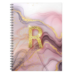 Letter R meisje RoseGold Glitter Roze marmer Notitieboek