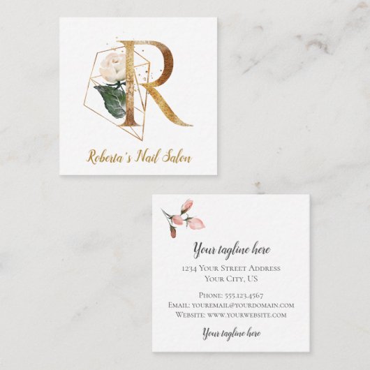 Letter R met Gold Geometric Design en Flowers Vierkante Visitekaartje (Voorkant / Achterkant)