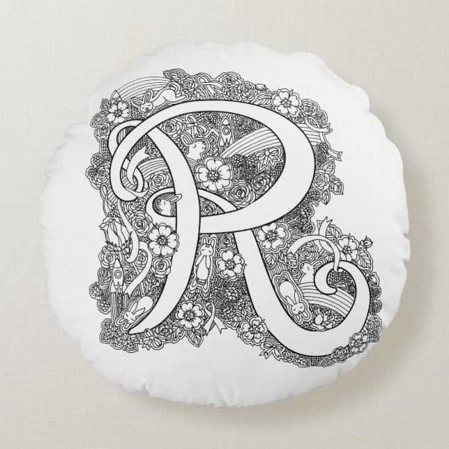 Letter R mono doodle verward patroon rond kussen (Voorkant)