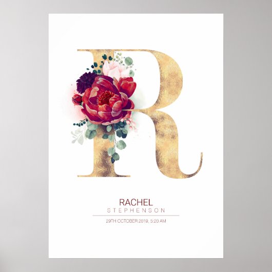 Letter R Monogram Bloemendecor Burgundyrood en Gou Poster (Voorkant)
