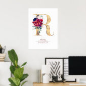 Letter R Monogram Bloemendesign Navyblauw en Burgu Poster (Thuiskantoor)