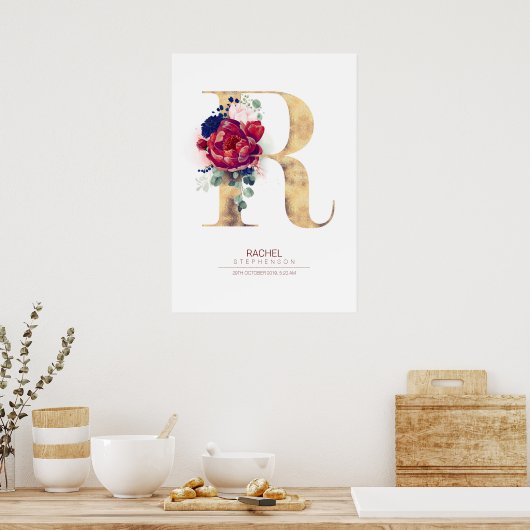 Letter R Monogram Bloemendesign Navyblauw en Wijnr Poster (Keuken)