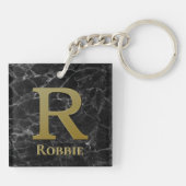Letter R Monogram op zwarte marmer Sleutelhanger (Achterkant)