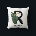 Letter R Monogram Palm laat tropisch Kussen<br><div class="desc">letter R-monogram kussen met waterverf tropisch palmblad, faux gold folie leaf en zwarte waterverf borstelaccenten. Pas dit tropische monogram aan door jouw naam of andere details toe te voegen. Deze boho letter R monogram kussen zal perfect zijn als geschenk. Andere brieven zijn beschikbaar.</div>