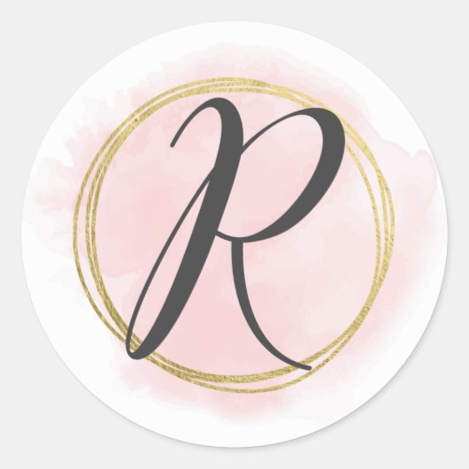 Letter R Monogram Roze Roze Waterverf Goud Chic Ronde Sticker (Voorkant)