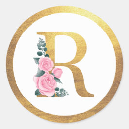 Letter R Monogram Roze Rozen Bloemen & Elegant Gou Ronde Sticker