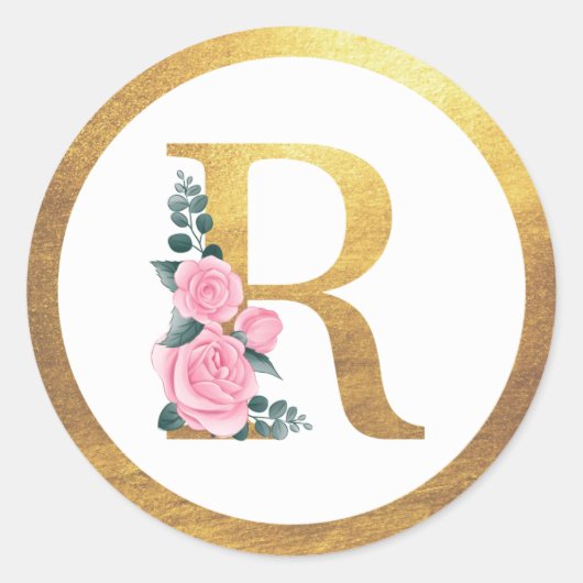 Letter R Monogram Roze Rozen Bloemen & Elegant Gou Ronde Sticker (Voorkant)