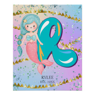 Letter R Monogram Waterverf Cute Mermaid Nursery Perfect Poster