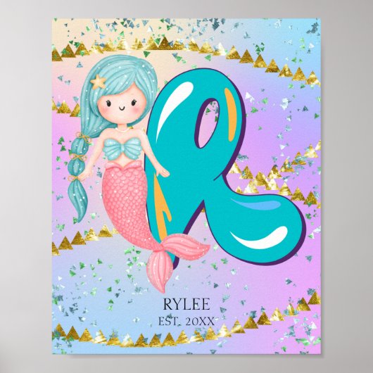 Letter R Monogram Waterverf Cute Mermaid Nursery Poster (Voorkant)