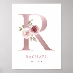 Letter R Monogram Waterverf Roos Bloemen Kinderkam Poster