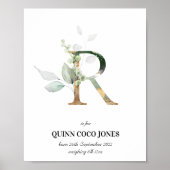 Letter R New Baby Monogram Birth Print Greenery (Voorkant)