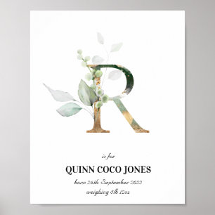 Letter R New Baby Monogram Birth Print Greenery