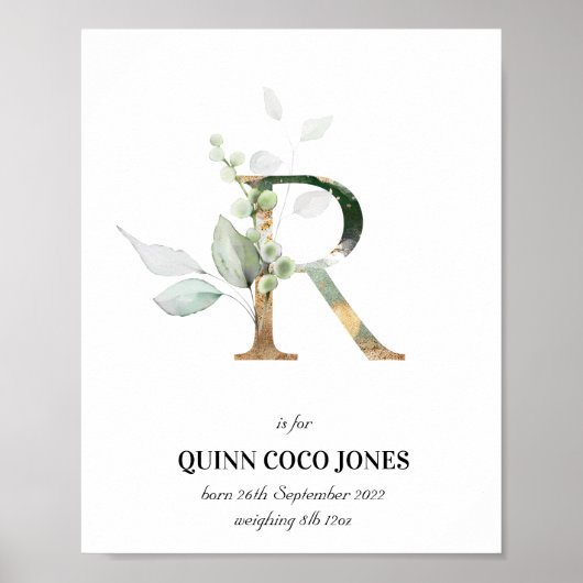 Letter R New Baby Monogram Birth Print Greenery (Voorkant)
