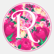 Letter R roze Waterverf bloemcirkel monogram