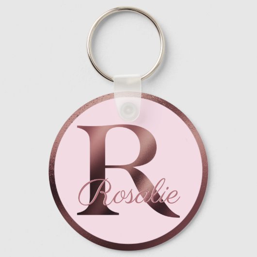 Letter R Stijlvol Roze Metallic Roos Gold Monogram Sleutelhanger (Voorkant)