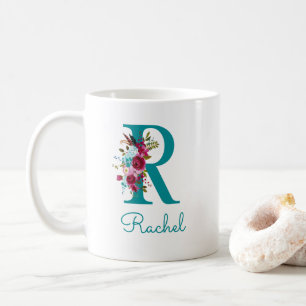 Letter R Teal Roze Bloemen Koffiemok