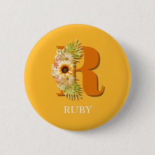 Letter R Zonnebloem Bloemige Monogram met Naam Ronde Button 5,7 Cm