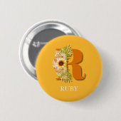 Letter R Zonnebloem Bloemige Monogram met Naam Ronde Button 5,7 Cm (Voorkant /achterkant)