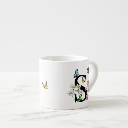 Letter S Bloem Vlinder Monogram Initiaal   Espresso Kop (Voorkant rechts)