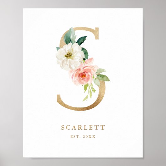 Letter S Blush Floral Monogram Gold Foil Nursery Poster (Voorkant)