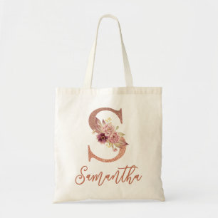 Letter S Blush roze Glitter Floral Monogram Tote Bag