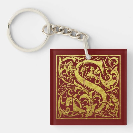 Letter S First Letter Faux Gold op Red Sleutelhanger (Voorkant)