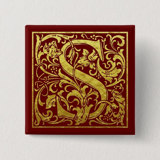 Letter S First Letter Faux Gold Red Vierkante Button 5,1 Cm (Voorkant)