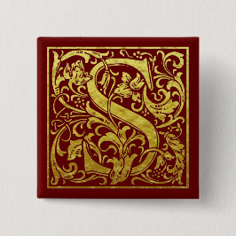Letter S First Letter Faux Gold Red Vierkante Button 5,1 Cm