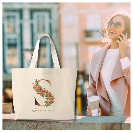Letter S Floral Gold Monogram Oranje bloemen Grote Tote Bag