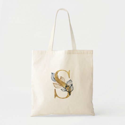 *~* Letter S Gold Monogram Initial Black Leaves Tote Bag (Voorkant)