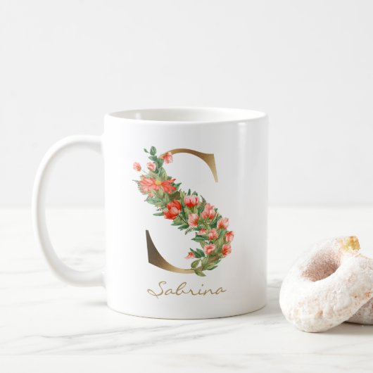Letter S Gold Monogram Sinaasappel Bloemen Koffiemok (Met donut)
