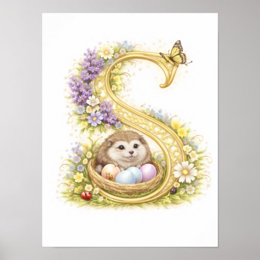Letter S Gold Spring Nature Monogram Hedgehog Kids Poster (Voorkant)