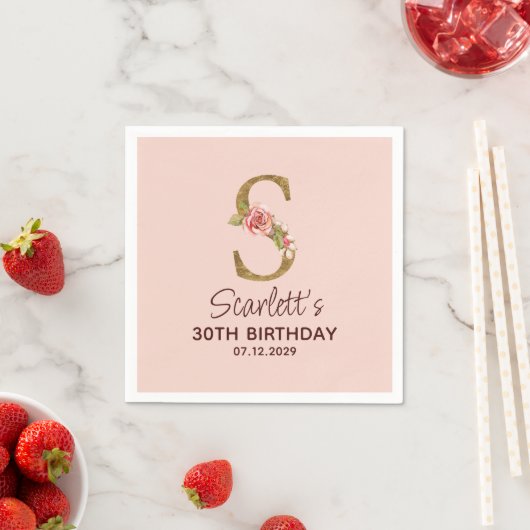 Letter S Gouden Monogram Blush Roze Rozen Servet (Insitu)