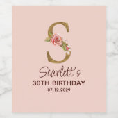 Letter S Gouden Monogram Blush Roze Rozen Wijn Etiket (Enkel label)