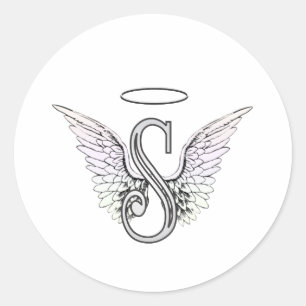 Letter S Initiaal Monogram met Angel Wings & Halo Ronde Sticker