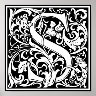 Letter S Medieval Monogram  Initiaal Poster
