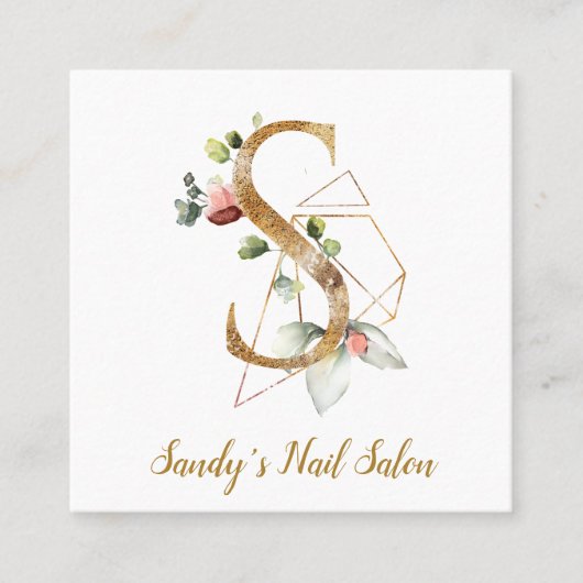Letter S met Gold Geometric Design en Flowers Vierkante Visitekaartje (Voorkant)