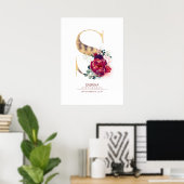 Letter S Monogram Bloem Burgundyrood en Goud Poster (Thuiskantoor)