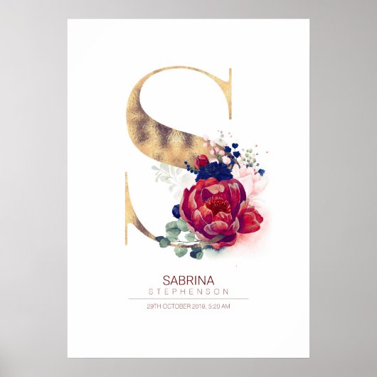 Letter S Monogram Bloemendecor Navyblauw en Burgun Poster (Voorkant)