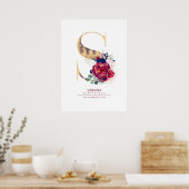 Letter S Monogram Bloemendecor Navyblauw en Burgun Poster (Keuken)